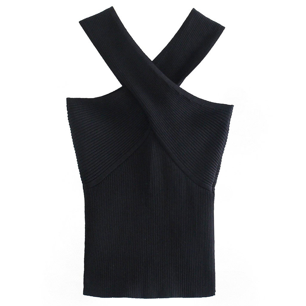 Chic Cross Strap Ribbed Knit Little Black Tank Top - Black