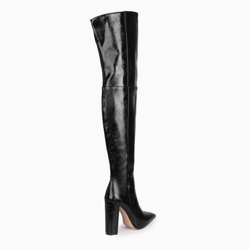 Chic Faux Leather Over Knee Pointed Toe Block Heel Boots - Black