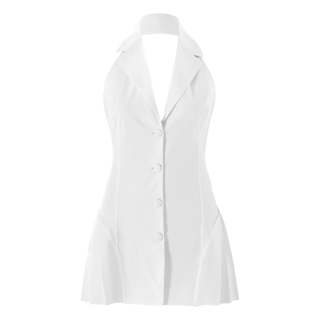 Chic Halter Lapel Collar Single Breasted Pleated Tailored Vest Micro Mini Dress