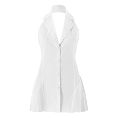 Chic Halter Lapel Collar Single Breasted Pleated Tailored Vest Micro Mini Dress