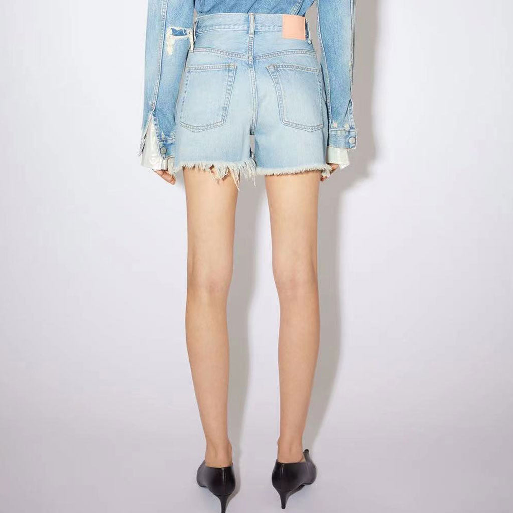 Chic High Rise Distressed Patch Frayed Hem Jean Shorts - Light Blue