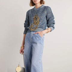 Chic Metal Chain Embellished Distressed Front Marled Knit Pullover Sweater - Blue