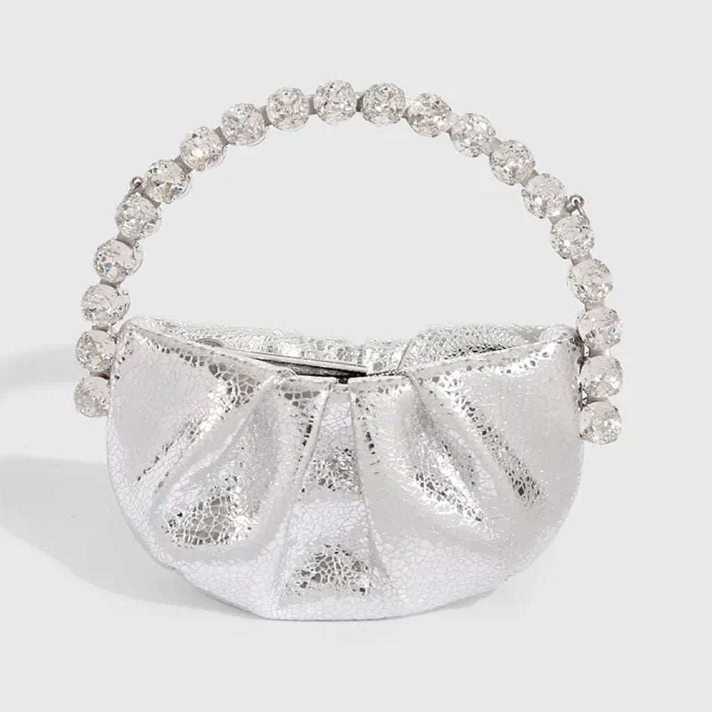 Chic Rhinestone Embellished Gathered Leather Semicircular Mini Clutch - Silver