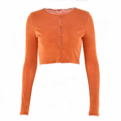 Chic Round Neck Button Up Long Sleeve Crop Top - Burnt Orange