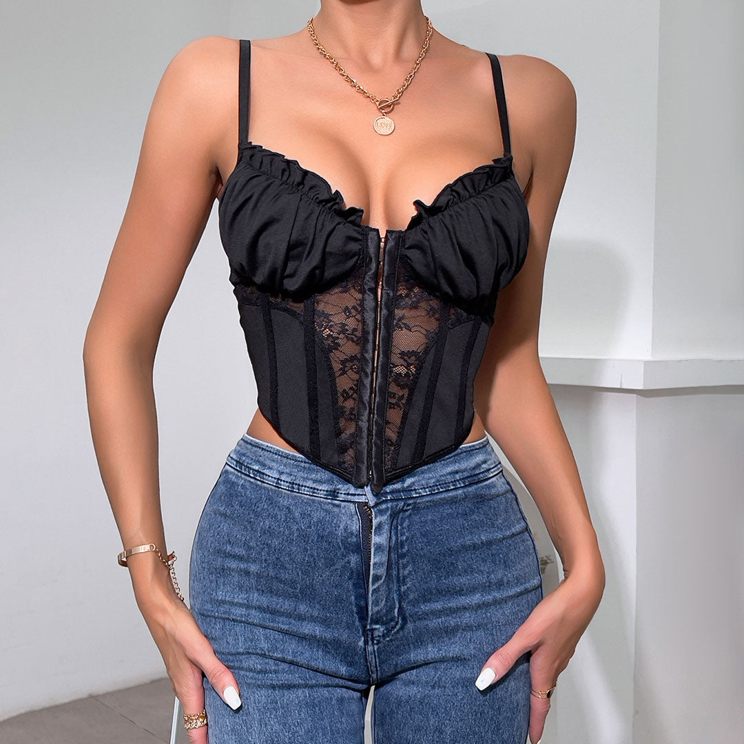 Chic Ruffled Sweetheart Hook and Eye Sheer Lace Crop Corset Top - Black