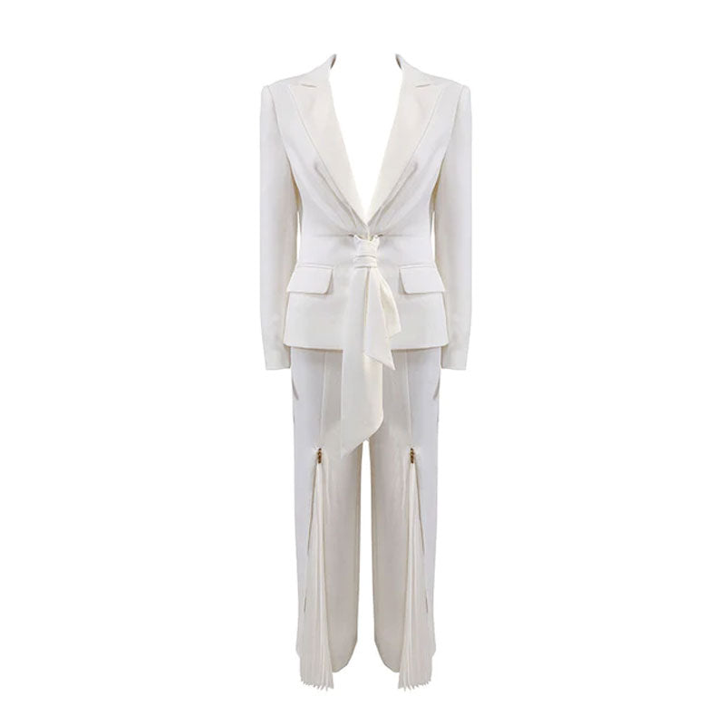 Chic Tie Front Blazer Pleated Zip Embellished Pant Matching Set - White