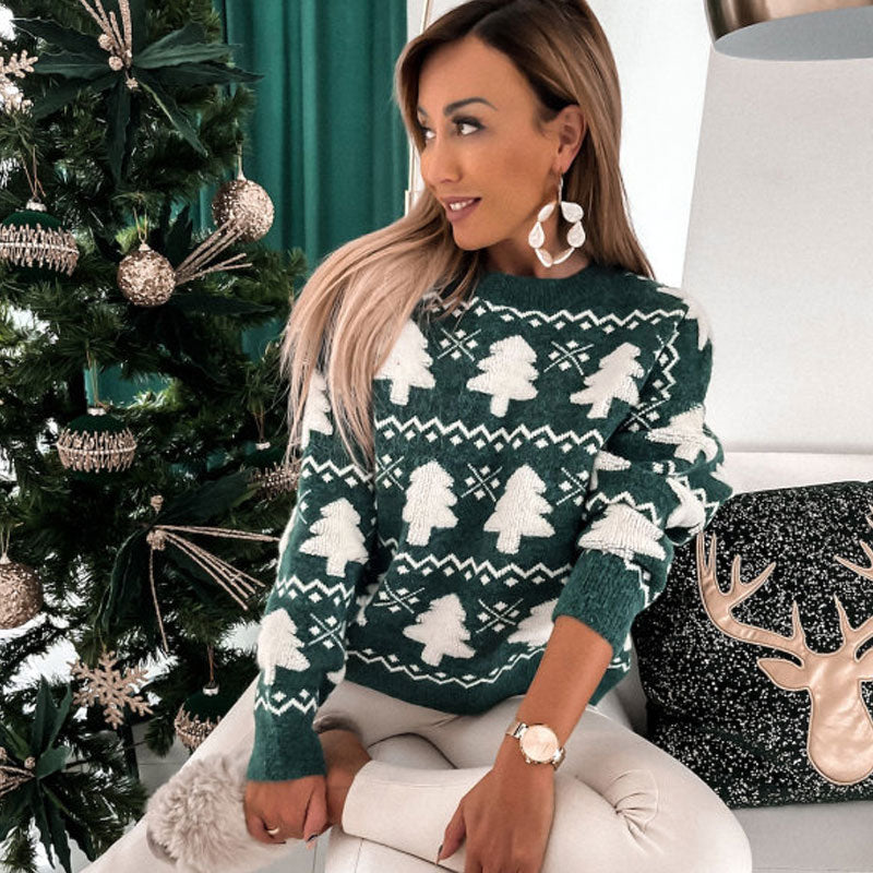 Christmas Tree Jacquard Crew Neck Long Sleeve Oversized Sweater - Green