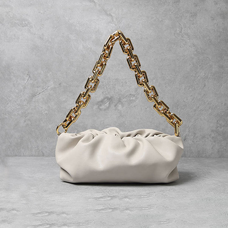 Chunky Chain Link Gathered Leather Cloud Clutch Bag - Beige