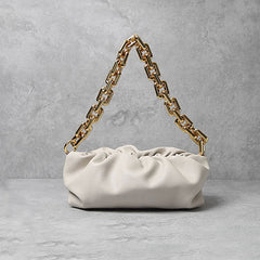 Chunky Chain Link Gathered Leather Cloud Clutch Bag - Beige