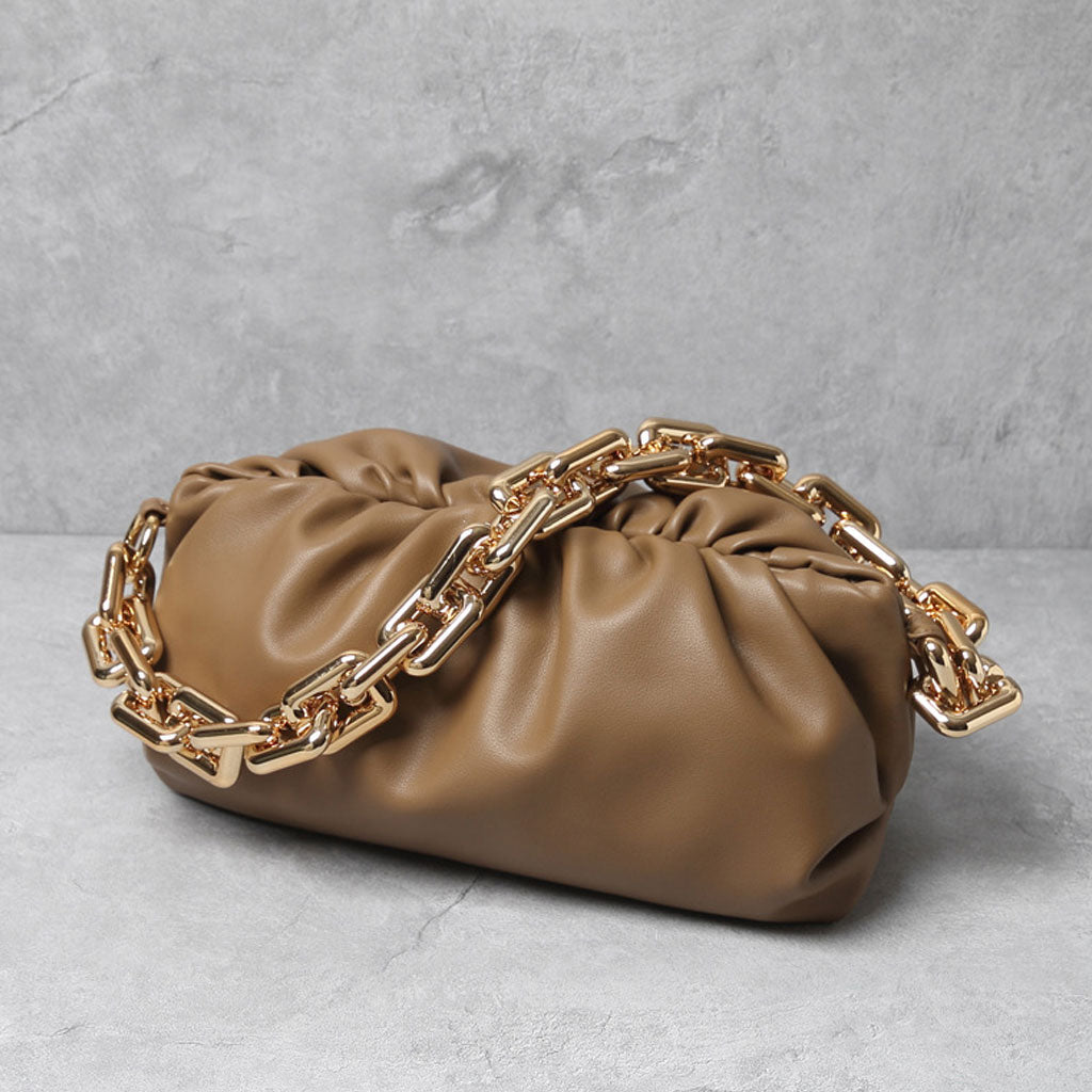 Chunky Chain Link Gathered Leather Cloud Clutch Bag - Coffee