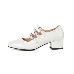 Classic Buckle Strap Patent Leather Block Heel Mary Jane Pumps - White