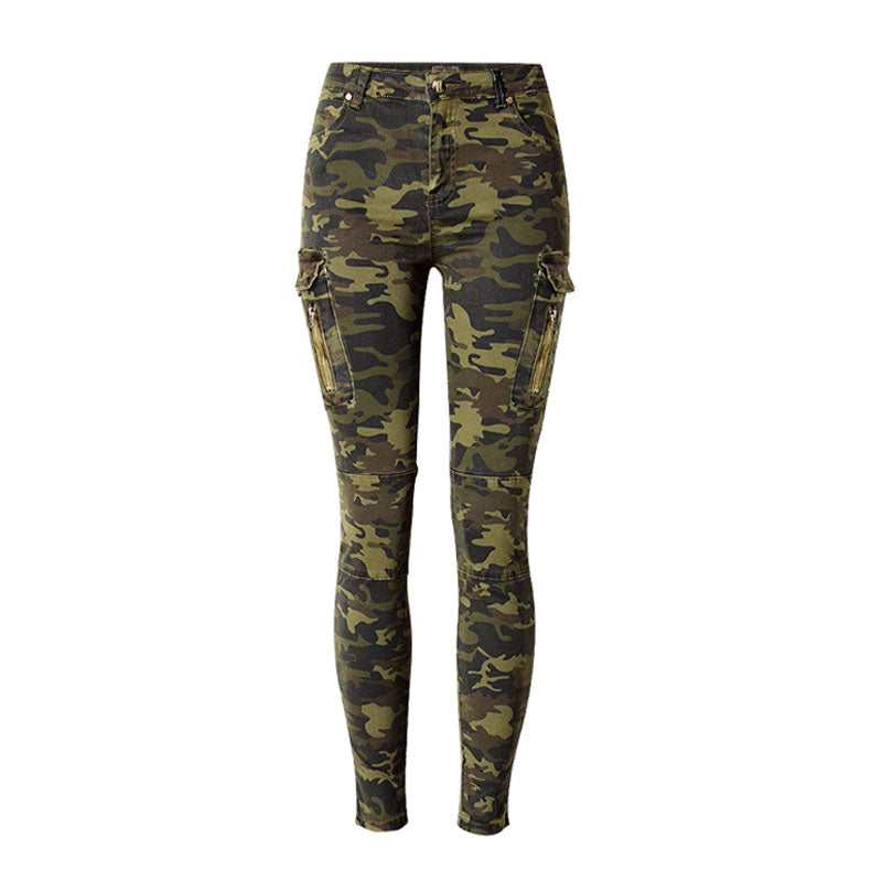 Classic Camo Print Patch Pocket Mid Waist Skinny Jeans - Green