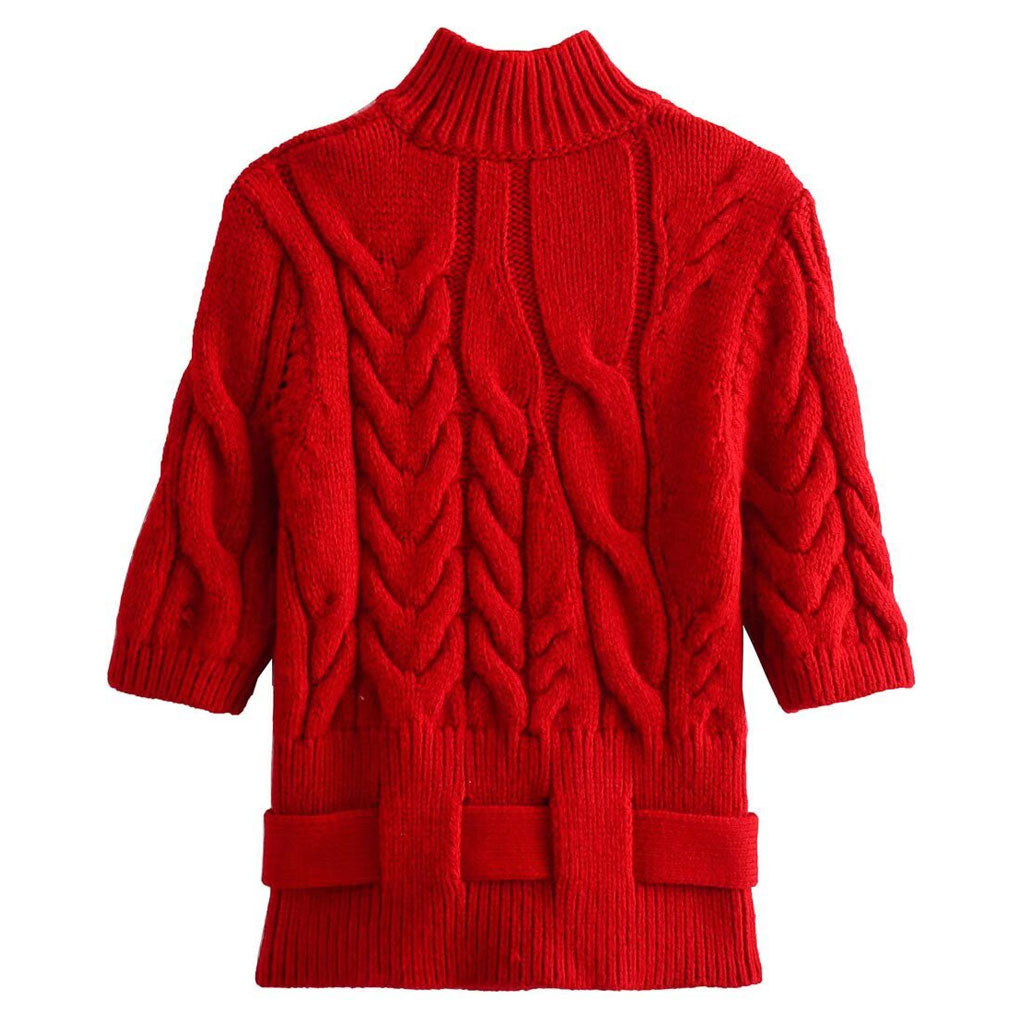 Classic High Neck Half Sleeve Belted Chunky Cable Knit Pullover Sweater