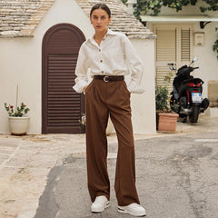 High Waist Straight Leg Slant Pocket Pleated Tailored Pants - Brown