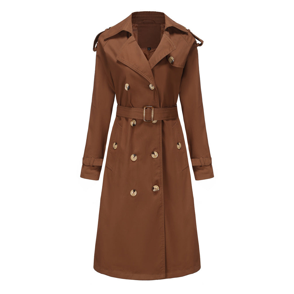 Classic Lapel Collar Long Sleeve Double Breasted Belted Split Trench Coat