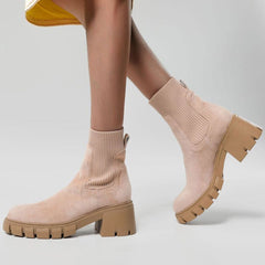 Round Toe Lug Sole Suede Knit Sock Ankle Boots - Apricot