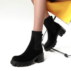 Round Toe Lug Sole Suede Knit Sock Ankle Boots - Black