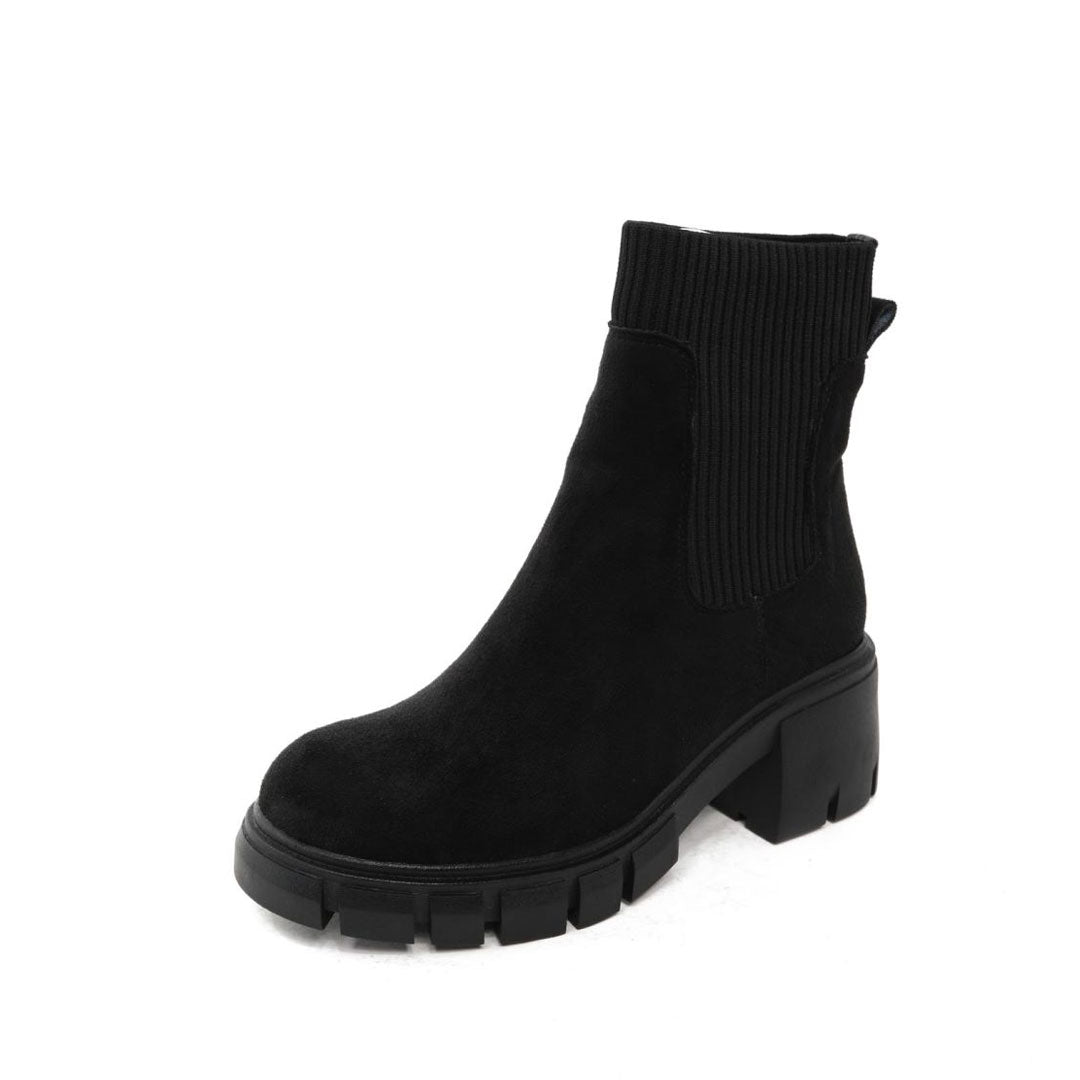 Round Toe Lug Sole Suede Knit Sock Ankle Boots - Black