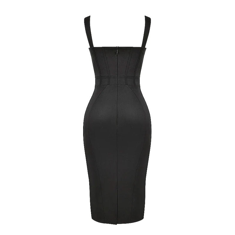 Classic Sleeveless Suspender Strap Sweetheart Bustier Midi Bandage Dress - Black