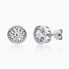 Classic Sterling Silver Round Bezel Set Moissanite Solitaire Stud Earrings