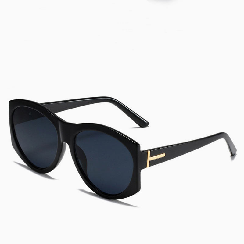 Style Metal T Letter Oval Frame Sunglasses - Black