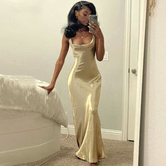 Classy Cowl Neck Tie String Backless Silky Slip Maxi Dress - Champagne