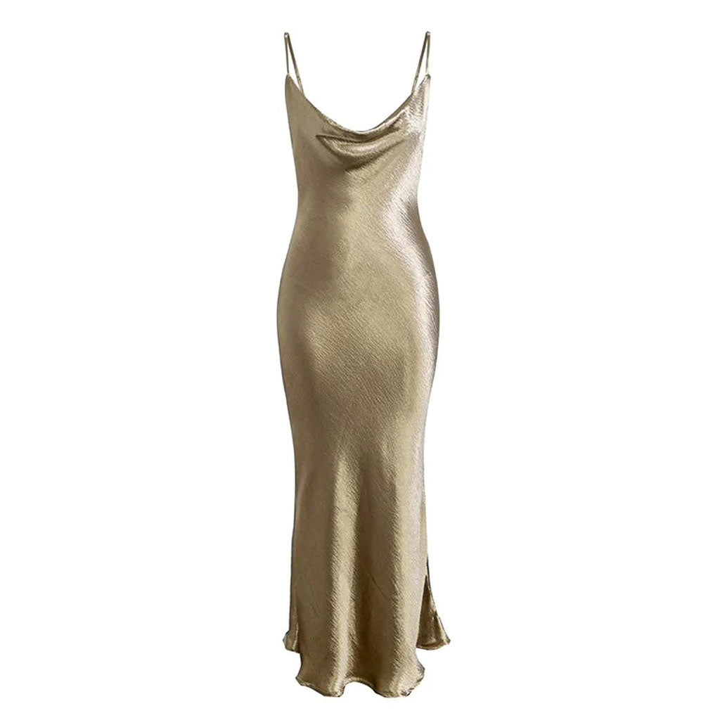 Classy Cowl Neck Tie String Backless Silky Slip Maxi Dress - Champagne