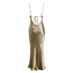 Classy Cowl Neck Tie String Backless Silky Slip Maxi Dress - Champagne