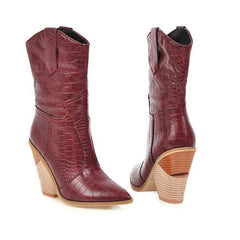 Classy Croc Effect Geometric Heel Mid Calf Western Boots - Burgundy