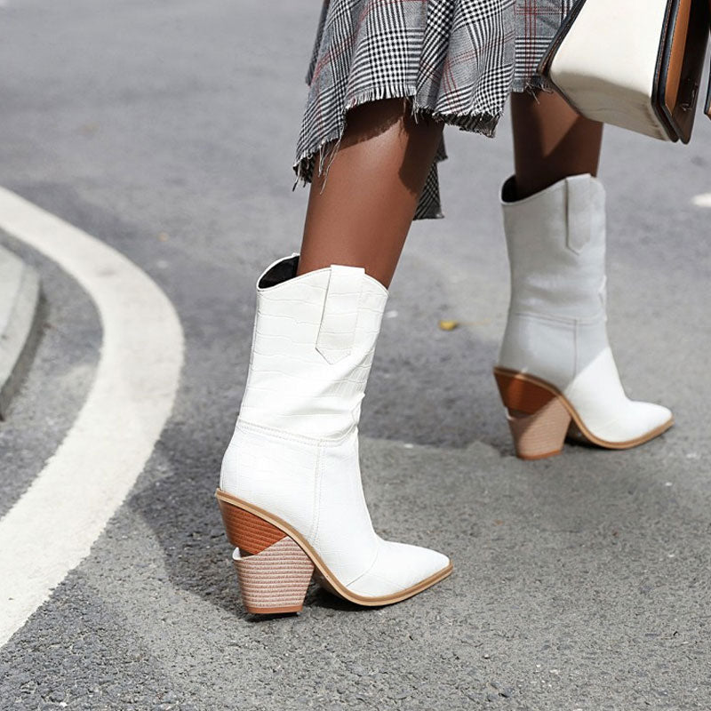 Classy Croc Effect Geometric Heel Mid Calf Western Boots - White