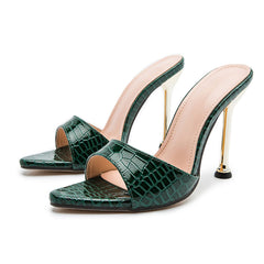 Classy Crocodile Embossed Peep Toe Heel Stiletto Sandals - Green