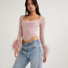 Classy Feather Trimmed Mesh Corset Long Sleeve Top - Pink