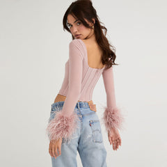 Classy Feather Trimmed Mesh Corset Long Sleeve Top - Pink