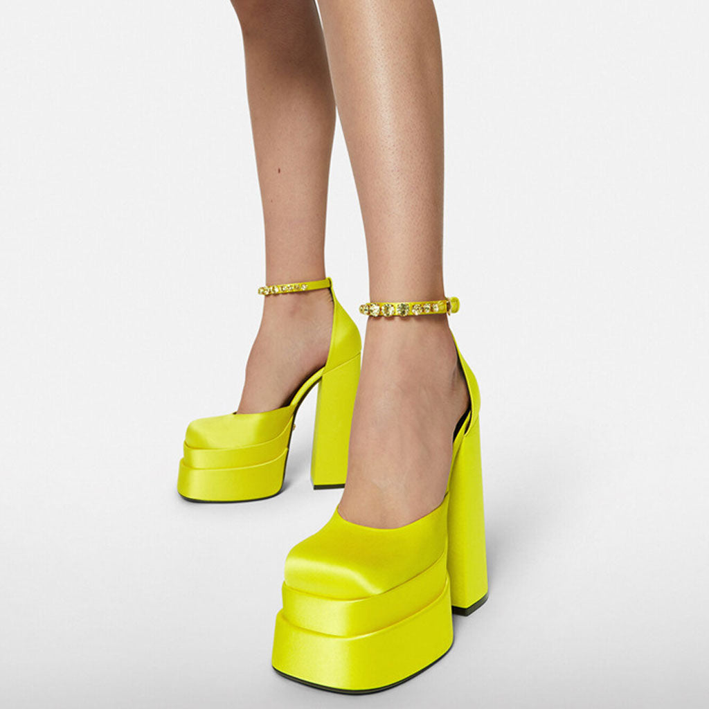 Classy Satin Square Toe Ankle Strap Chunky Heel Platform Sandals - Yellow