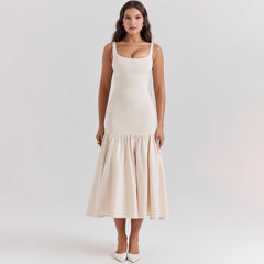 Classy Square Neck Suspender Strap Drop Waist Ruffle Midi Sundress