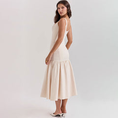 Classy Square Neck Suspender Strap Drop Waist Ruffle Midi Sundress