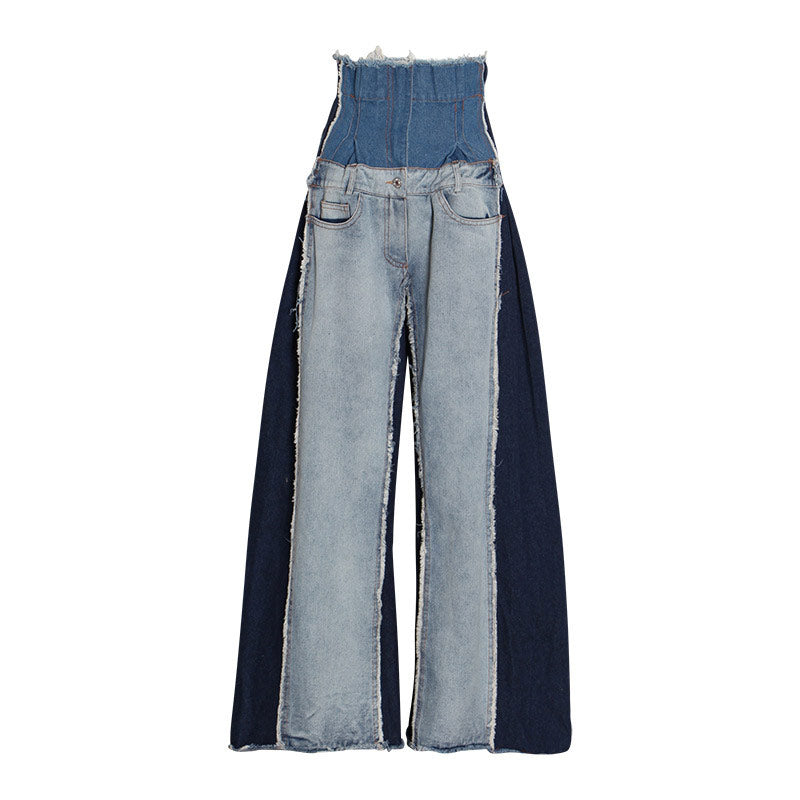 Color Block High Waist Wide Leg Distressed Jeans - Blue