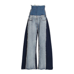 Color Block High Waist Wide Leg Distressed Jeans - Blue