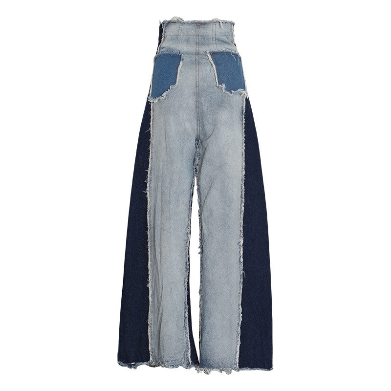 Color Block High Waist Wide Leg Distressed Jeans - Blue