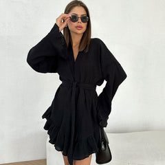 Comfortable Belted Long Sleeve Ruffle Shorts Cotton Gauze Lounge Robe Set