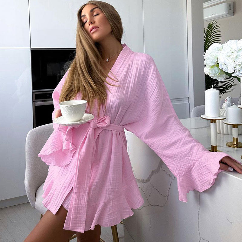 Comfortable Belted Long Sleeve Ruffle Shorts Cotton Gauze Lounge Robe Set