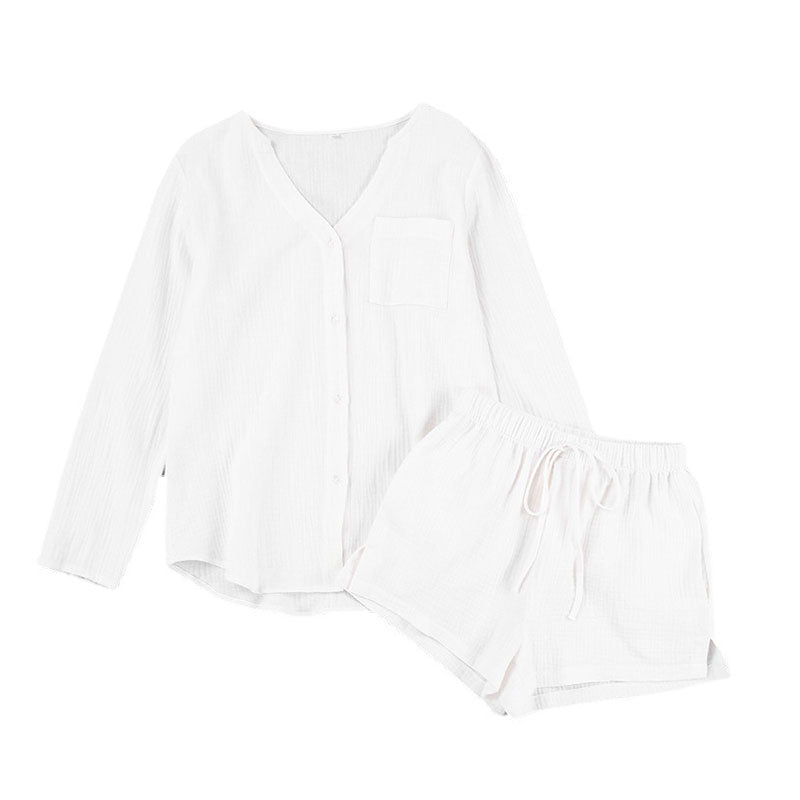 Comfy Long Sleeve V Neck Button Up High Rise Shorts Cotton Gauze Lounge Set