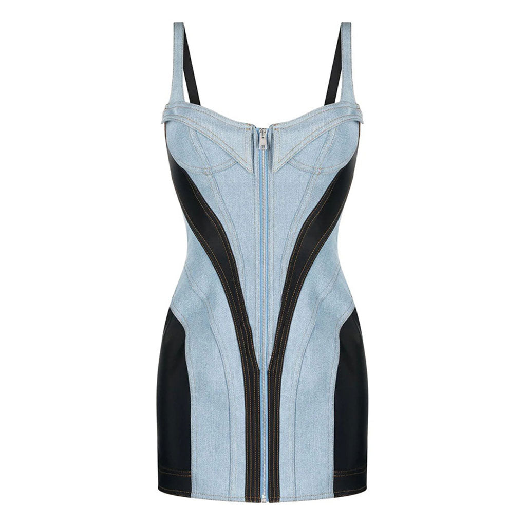 Contrast Blue & Black Bustier Front Zip Bodycon Hybrid Denim Mini Sundress