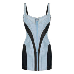 Contrast Blue & Black Bustier Front Zip Bodycon Hybrid Denim Mini Sundress