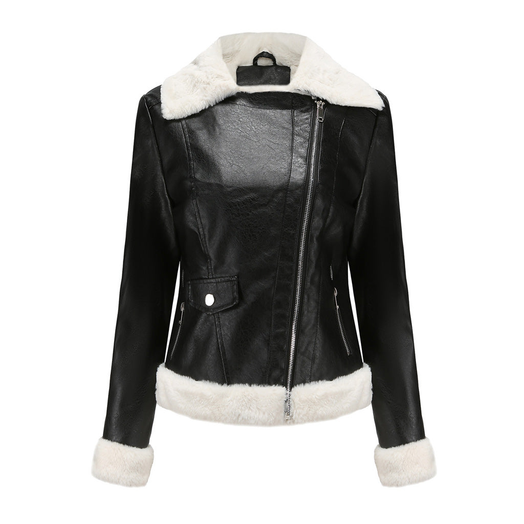 Contrast Faux Fur Lined Collared Long Sleeve Zip Up Vegan Leather Jacket