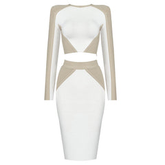 Contrast High Waist Long Sleeve Bodycon Bandage Matching Set - White