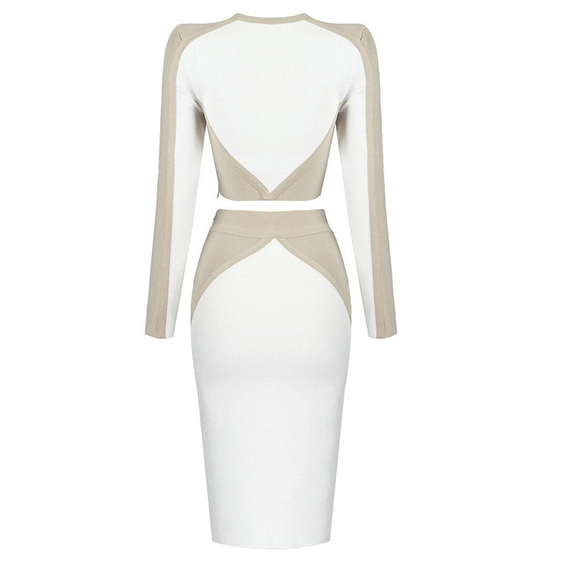 Contrast High Waist Long Sleeve Bodycon Bandage Matching Set - White