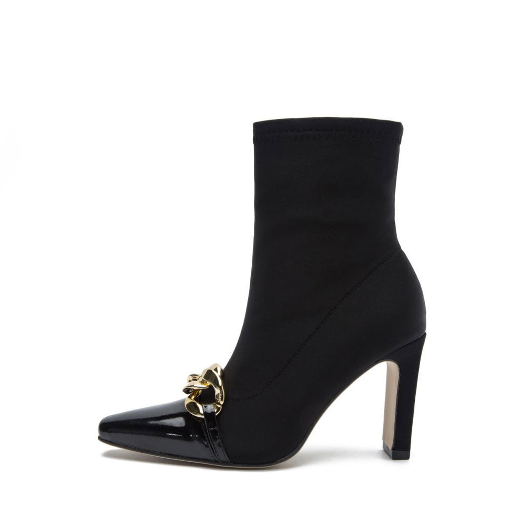 Contrast Metal Chain Pointed Toe High Heel Sock Ankle Boots - Black