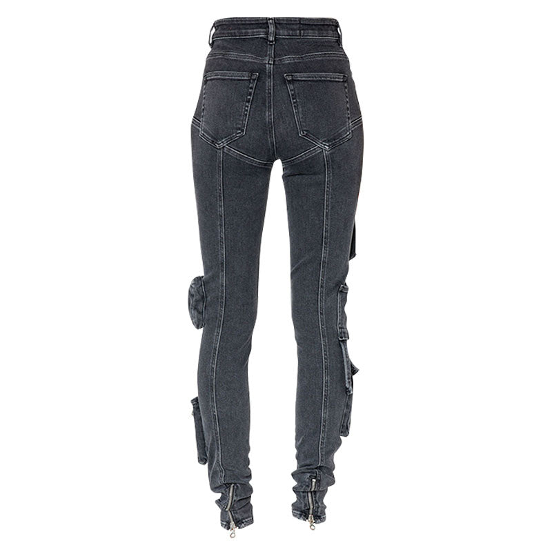 Cool Ankle Zip Detail High Waist Multiple Pocket Skinny Cargo Jeans