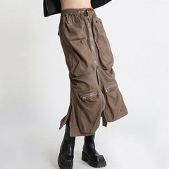 Cool High Rise Drawstring Front Zip Patch Pocket Cargo Midi Skirt - Coffee